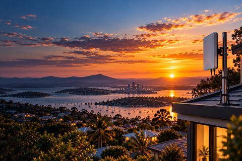 A fixed wireless antenna on a Queensland rooftop at sunset, looking out over a bay, moored boats and a distant city skyline