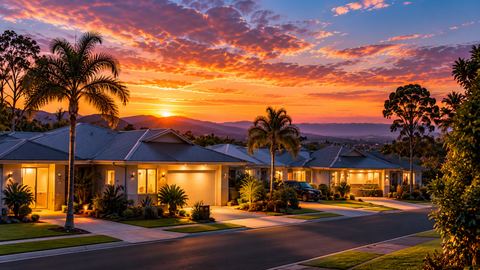 A quiet Queensland suburban street at sunset, houses lit from inside and palms along the kerb