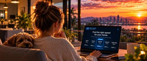 A laptop open on a table in a Queensland home at sunset, the coast visible through the window