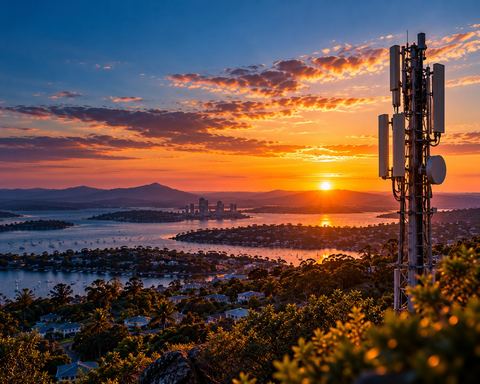 A mobile network tower on a ridge above a Queensland bay at sunset, looking out over the suburbs, the water and a city skyline in the distance