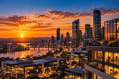 A Brisbane business district at sunset seen from above, with lit offices in the foreground, the river and bridges below and the city towers beyond