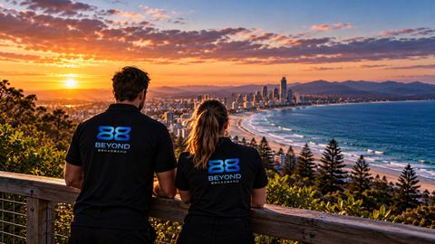 Two people in Beyond Broadband shirts looking out from a headland over a Queensland beach and skyline at sunset