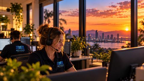 A Beyond Broadband support team member on a headset at a desk in Brisbane, the city and river behind her at sunset