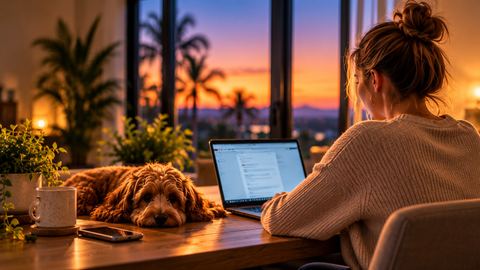 Someone working at a laptop at a kitchen table in a Queensland home at sunset, a dog asleep beside them and the coast through the window