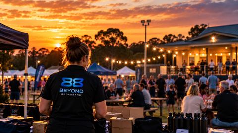 A Beyond Broadband team member setting up at a Queensland community club event at dusk, with marquees, string lights and a crowd on the oval