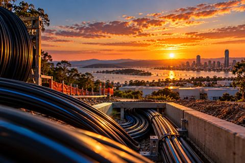 Coils of black fibre conduit laid out on a Queensland worksite at sunset, running into a pit beside an industrial estate with the coast and city beyond