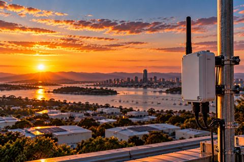 A weatherproof sensor enclosure mounted on a pole above a Queensland industrial estate at sunset, with the bay and city skyline in the distance