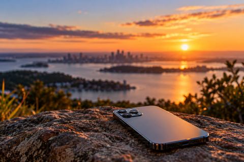 A phone resting on a rock at a lookout above a Queensland bay at sunset, with islands, the water and a city skyline in the distance