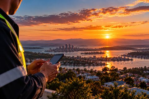 A worker in a high-visibility vest using a phone at a lookout above a Queensland bay at sunset, with the suburbs and a city skyline below